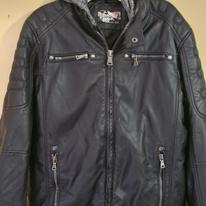 First Wave Boys Faux Leather Moto Jacket w/ Removable Hoodie Black/Grey  10/12
